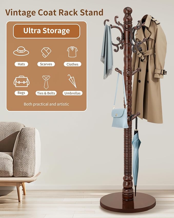 Wooden Coat Rack Stand, Solid Wood Freestanding Coat Rack, Vintage Coat Racks with 14 Hooks & Disc Base, Standing Coat Hanger Jacket Tree Stand for Office, Entryway, Hallway