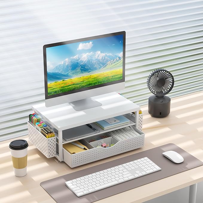 gianotter Desk Organizers and Accessories, Monitor Stand with Drawer and 2 Pen Holder, Desktop Organizer Suitable for Offices and Dormitories (White-Plain)