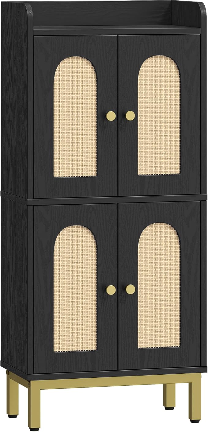 Hzuaneri Bathroom Cabinet, Small Storage Cabinet with 4 Doors | Bathroom Organizers and Storage Cabinets with Adjustable Feet. Cabinets Freestanding for Living Room, Kitchen, Rattan black
