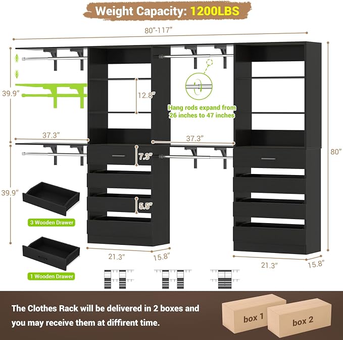 Aheaplus Closet System with 8 Wooden Drawers, Wood Closet Organizer System with Tower, Walk-in Closet Organizer Wardrobe Clothes Rack with 4 Hanging Rods, Garment Rack, Cut to Fit 7-12Ft, Black