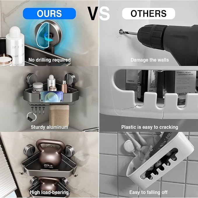 Mustorn Suction Cup Shower Caddy Corner, 1 Pack Suction Corner Shower Shelves No Drilling, Rustproof Shower Organizer Suction Cup with Towel Holder & Hooks Removable Bathroom Storage Rack(Gray)