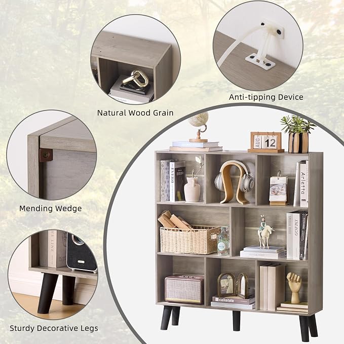 LEYAOYAO 8 Cube Bookshelf, Mid-Century Modern Book Shelf with Legs, Grey | 3 Tier Bookcase, Rustic Wood Bookshelves Freestanding Large Storage Organizer, Open Shelves for Bedroom, Living Room, Office