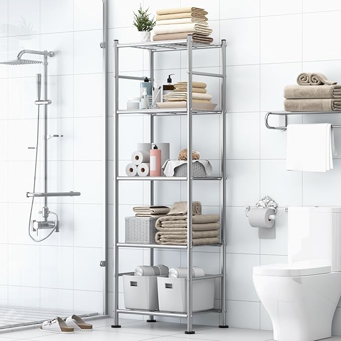 Sakugi Storage Shelves - Set of 2, 5-Tier Metal Shelf Organizer, Space-Saving Garage Shelving with Leveling Feet, Standing Shelves Organizer for Kitchen, Laundry, Pantry (18.4"x12.6"x57.4", Silver)