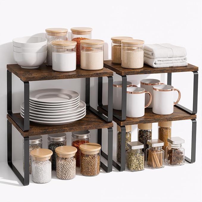LAMU Cabinet Organizer Shelf, Set of 4 Expandable Kitchen Counter Shelve Plate Organizer for Cabiner, Stackable Spice Rack, CupBoard Organizers and Storage, Brown