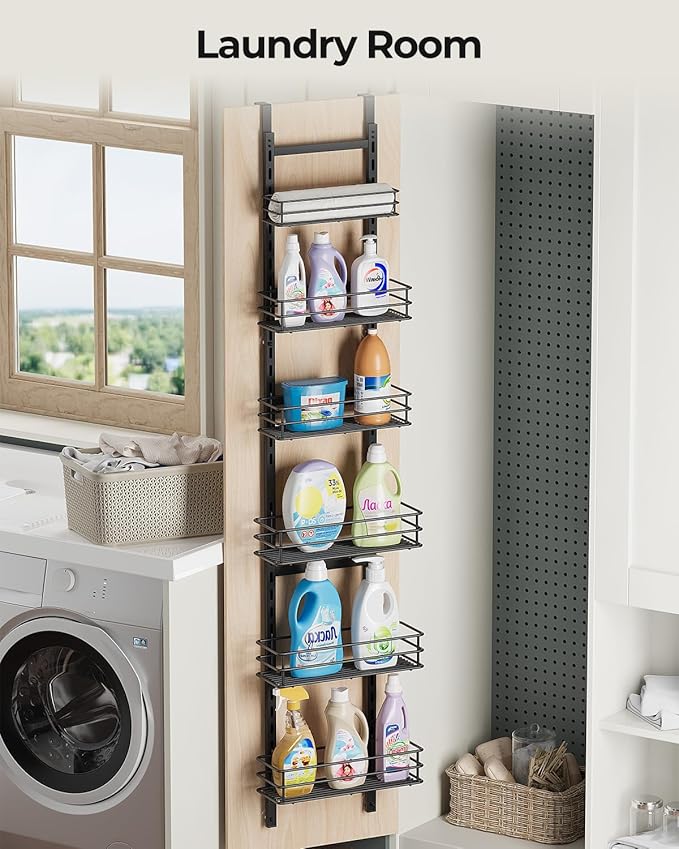 6-Tier Narrow Pantry Door Organizer,Over the Door Pantry Organizer,Black | Height Adjustable Heavy Duty Hanging Metal Basket,Back of Door Organizers and Storage for Home,Kitchen,Laundry,Bathroom