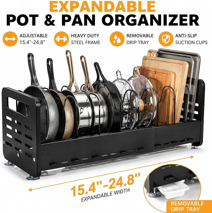 Pots and Pans Organizer Under Cabinet, Expandable Pot Lid Organizer | Adjustable Heavy Duty Rack with Removable Drip Tray, Expands 15.4"–24.8", Ideal for Kitchen Cabinets and Countertops.