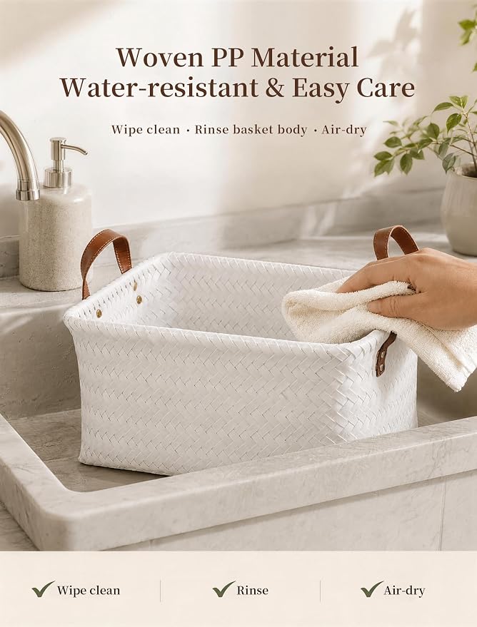 Wicker Storage Baskets, 4 Pack Woven Baskets for Shelves, White | PP Rattan, Water-resistant Wicker Basket, Large Baskets with Faux Leather Handles for Blanket, Laundry Organizer, Room Decor
