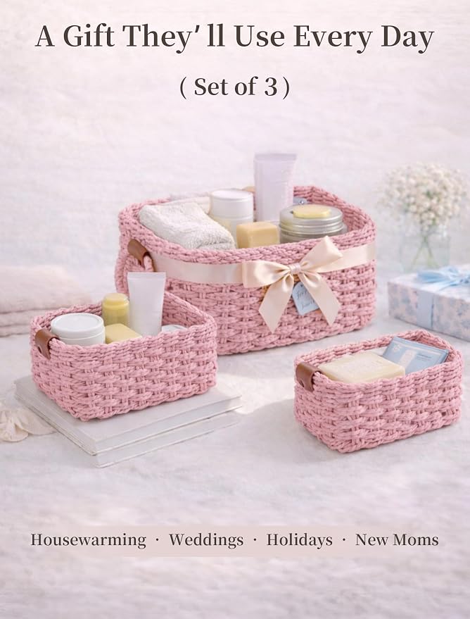 Small Wicker Baskets, 3 PCS Paper Rope Baskets for Shelves, Pink | Recycled Small Baskets, 3 Sizes Woven Baskets for Organizing, Decorative Storage Baskets for Bedroom and Bathroom