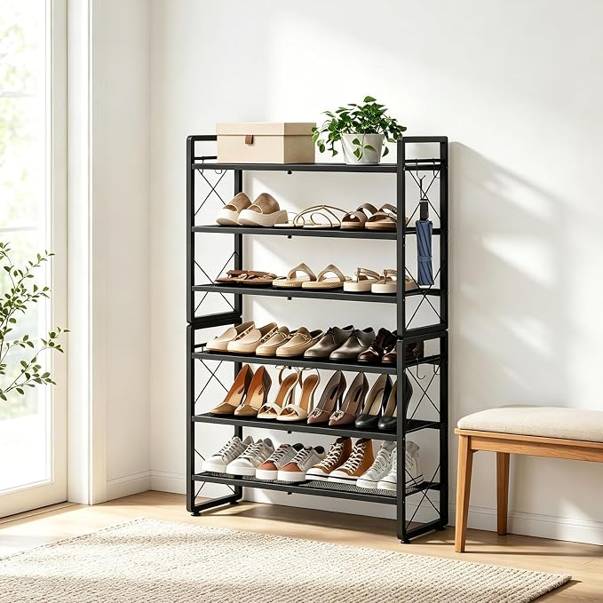 ELYKEN Expandable Shoe Rack for Closet, 6-Tier Metal Black Shoe Organizer | Adjustable Height Shoe Shelf for Boots, Heels, with 8 Hooks, Stackable Shoe Stand Holder for Entryway, Garage, Door Entrance
