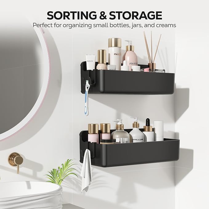 Nieifi Adhesive Shower Shelves, Black, 2 Pieces | Rustproof ABS, Large Capacity, Removable Design, No Drilling Shower Organizer for Bathroom Storage & Home Decor