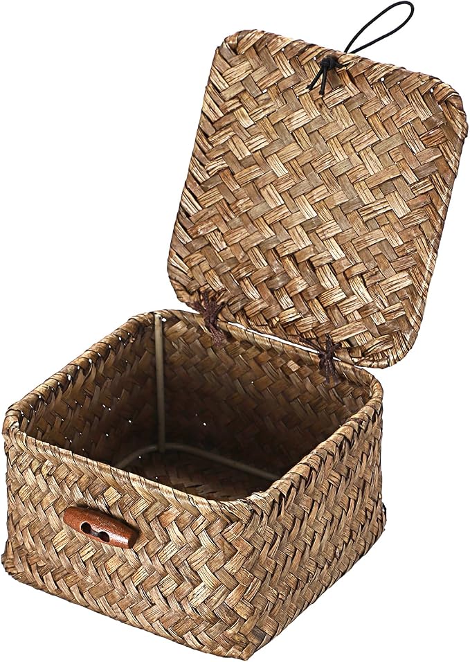 Hipiwe Handwoven Seagrass Basket Bin Small Decorative Shelf Basket Boxes with Lid Wicker Storage Baskets Bins Multipurpose Table Organizer for Key Home Decor, 4.7"L x 4.7"W x 3"H