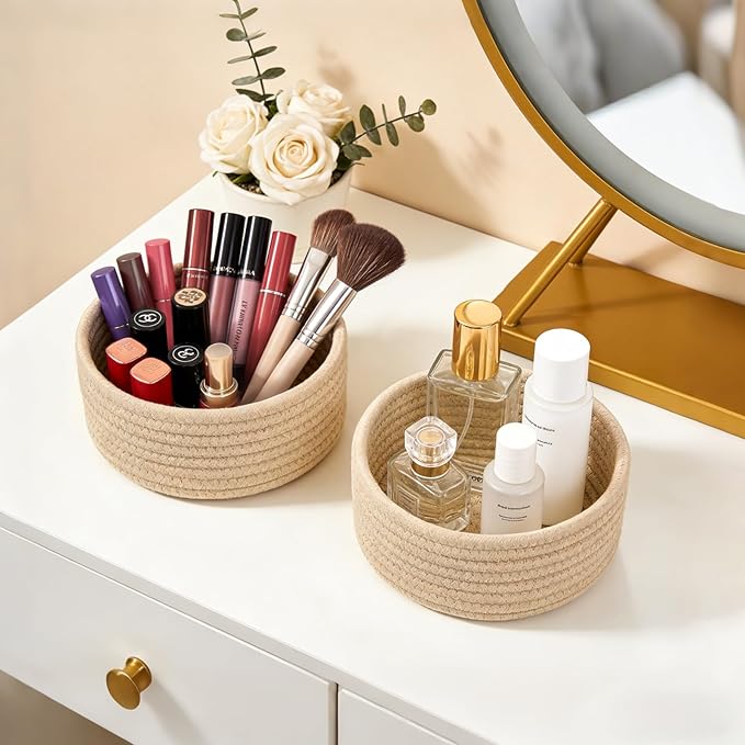 Dahey 4 Pcs Mini Woven Baskets Set, Small Cotton Rope Storage Bins for Organizing, Cute Tiny Round Decorative Baskets for Gifts, Living Room Bathroom Home Decor, 7.09" W x 3.15" H, Beige