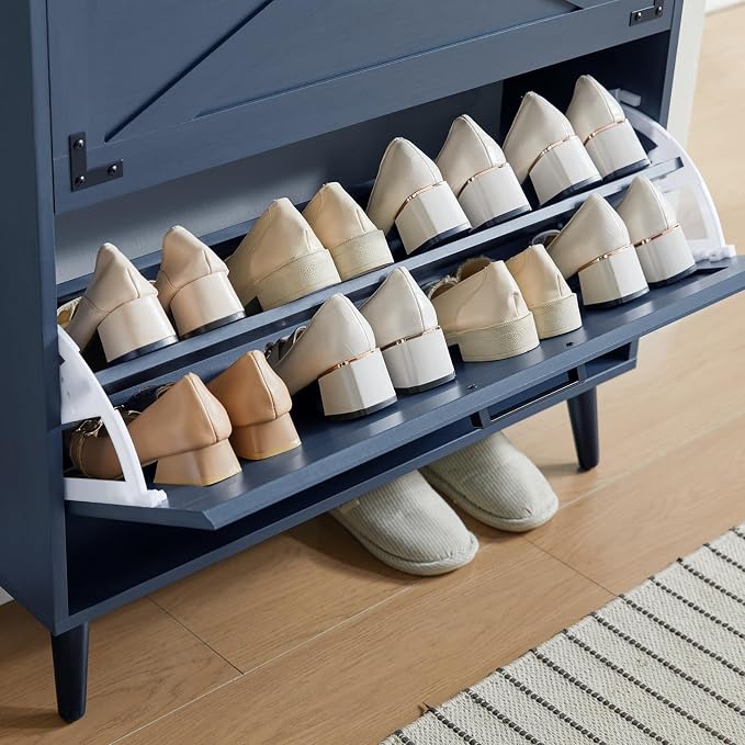 Barnyatoh Farmhouse Shoe Storage Cabinet with 2 Flip Drawers & Barn Door | Freestanding Hidden Slim Narrow Shoe Rack, Adjustable Shelves,Wood Shoes Organizer for Entryway, Foyer, Hallway,Navy Blue