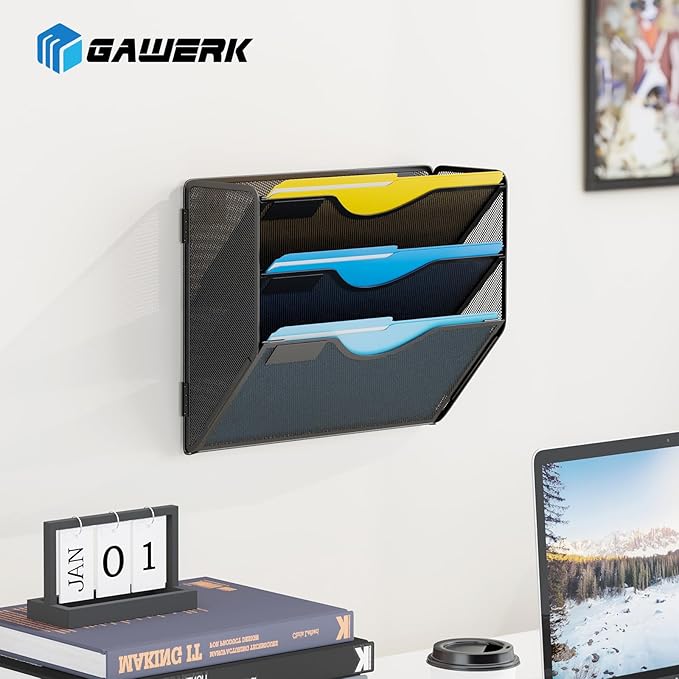 Gawerk 3 Tier Hanging Wall File Organizer, Mesh Mail Paper Orgnization Hanging File Folder Holder for Home Office, Black