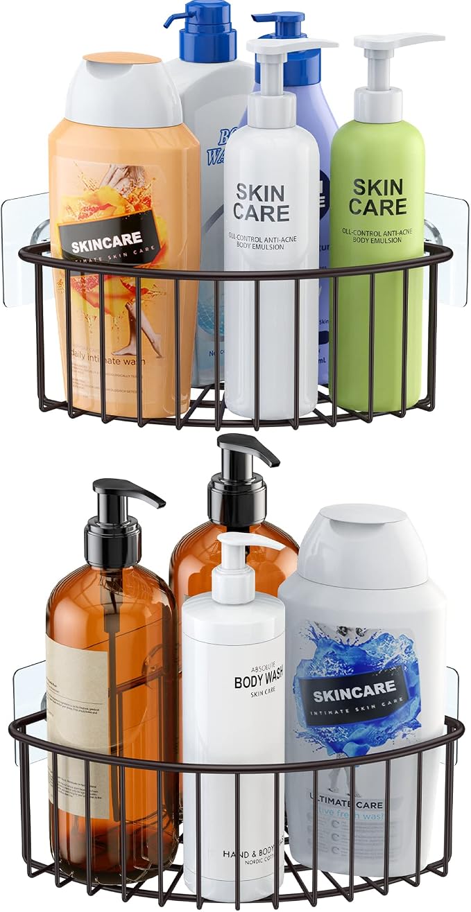 SMARTAKE 2-Pack Corner Shower Caddy Deep Basket, SUS304 Stainless Steel | Wall Mounted Bathroom Shelf with Adhesive, Storage Organizer for Toilet, Dorm and Kitchen, Bronze