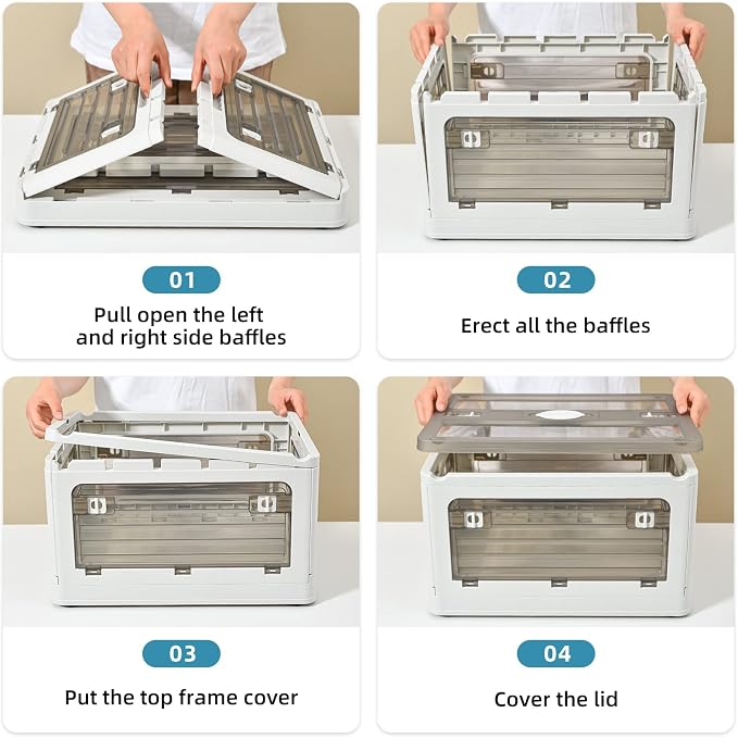 32Qt Plastic Storage Bins with Lid, Collapsible Storage Bins with Wheels, Storage Boxes with 4 Doors, Stackable Storage Bins for Organizing Clothes, Snacks and Camping, 2-Pack (Green)