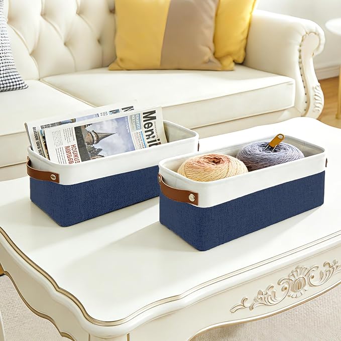Bagnizer Small Fabric Storage Baskets, 15x6x5 inch Narrow Storage Bins 4-Pack Long Storage Basket for Organizing with Handles, Decorative Basket for Closets, Shelves, Toilet Paper, Navyblue