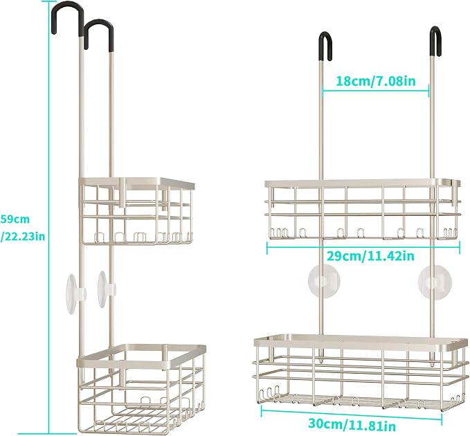 HapiRm Shower Caddy Organizer Hanging - No Drilling Shower Rack with Hooks | For Renters & Small Bathrooms, No Drilling 2-Tier Shelves, Rustproof 304 Stainless Steel, Brushed Nickel