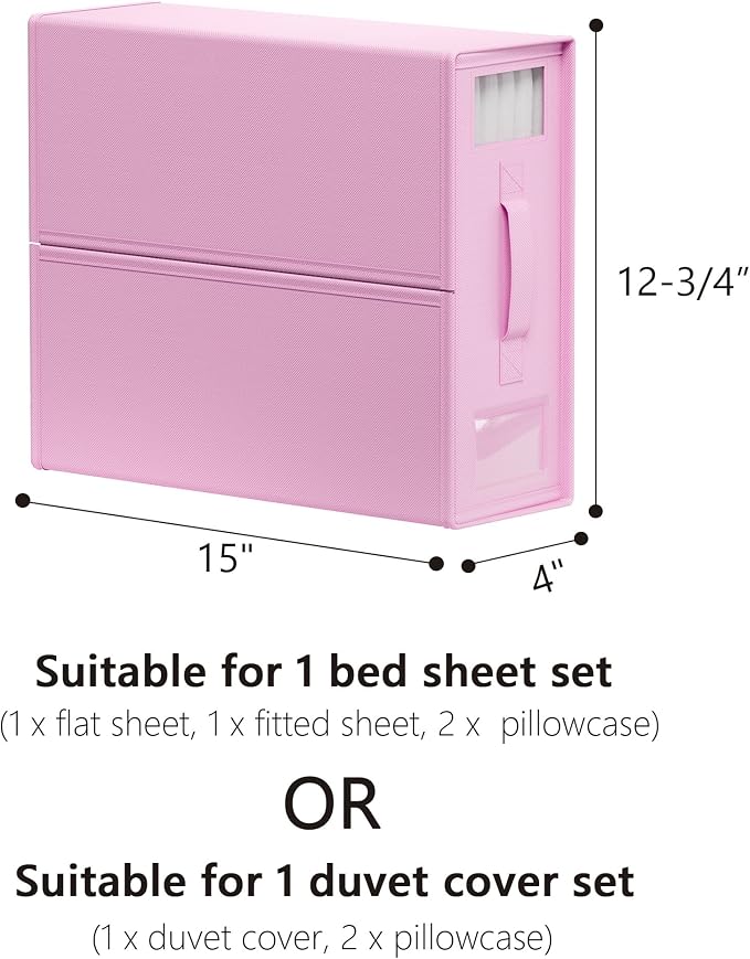 SUOCO SheetCube Bed Sheet Organizers and Storage 6 Pack, Foldable Linen Closet Organizer with Window and Label, Bedding Folder Storage Box Container for Blanket, Duvet Cover Set, Bed Sheet Set - Pink