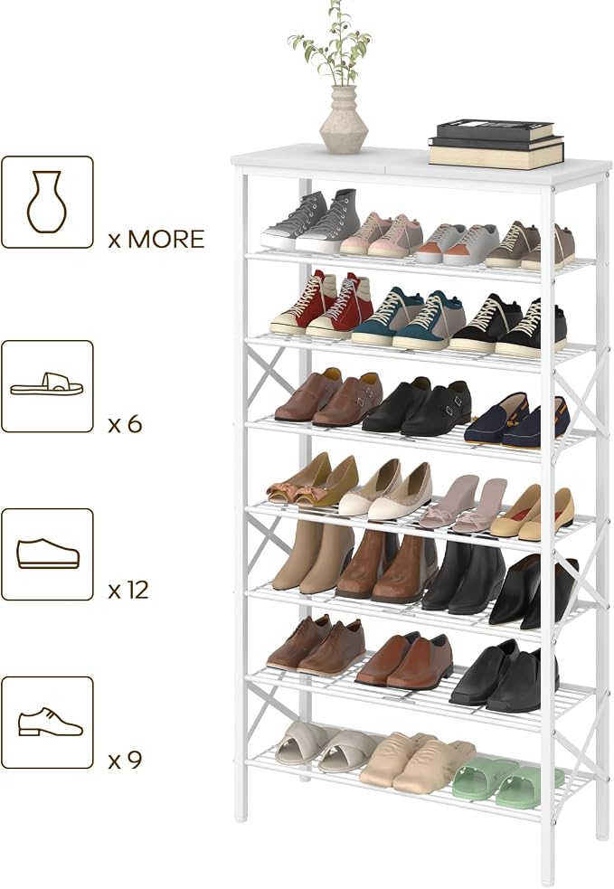 YATINEY 8 Tier Shoe Rack, Shoe Storage Organizer, Large Capacity Shoe Shelf Holds 32 Pairs of Shoes, Sturdy and Stable, for Entryway, Hallway, Closet, Dorm Room, White SS08WW