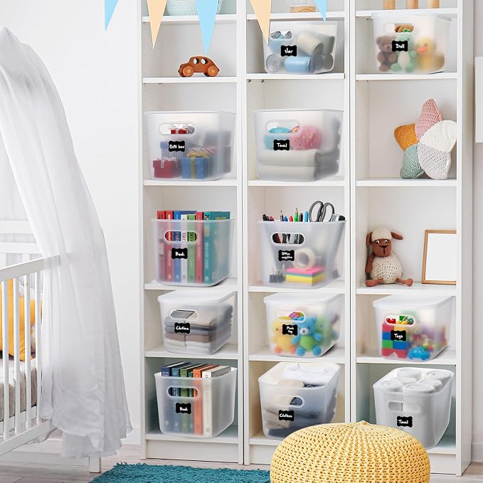 Thyle 12 Pack Translucent Plastic Storage Bins with Lids 7 Quart Toy Storage Box Stackable Nestable Organizer Boxes with Handle and Labels for Classroom Shelf Bedroom Desktop Toys School Supplies