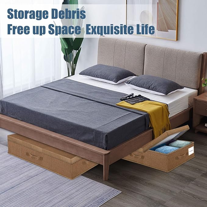 Supowin 2Pack Large Underbed Storage Containers Bin with Lids, Dark Brown | 6 Inches Tall Under Bed Storage Organizer Box with Handles, Foldable Closet Organizer for Clothes, Blankets, Seasonal Items