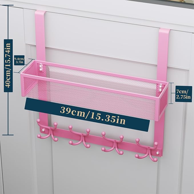 Consumest Over The Door Hooks Organizer - 2 Tier Over Door Hanger with 16 Hooks & 2 Baskets for Hanging Coat, Clothing, Towel, Back Storage for Bathroom, Closet, College Dorm, Pink