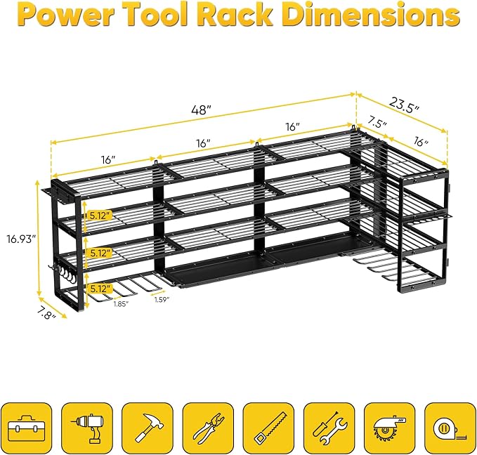POKIPO Extra Large 64" W Power Tool Organizer Wall Mount, 1000 lbs Load Capacity, Heavy Duty 4 Tier Garage Storage Rack with 8 Drill Holders, 2 in 1 Corner or Straight Installation