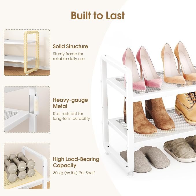 SAYZH 2-Tier Expandable Shoe Rack for Closet, Adjustable Metal Shoe Organizer with Sturdy Mesh Shelves for Boots & Heels, Stackable Shoe Storage for Entryway, Garage, Small Spaces (White, 2-Tier)