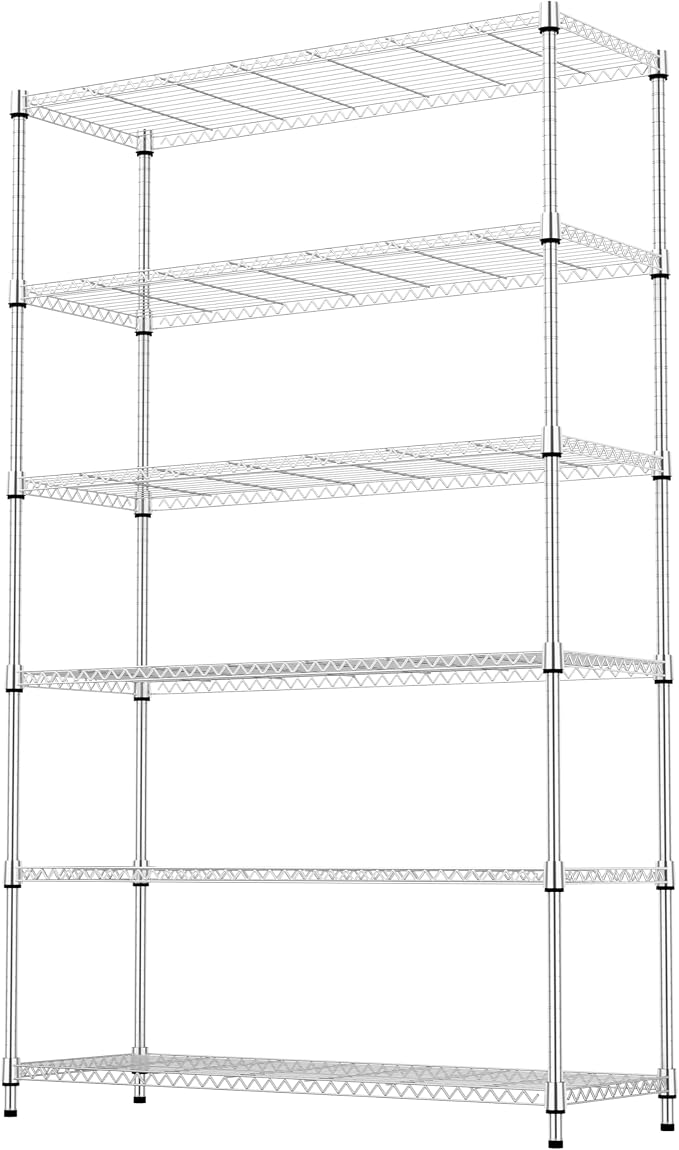 M MZG 6 Tiers Storage Shelves Load 2100LBS, Metal Shelving Wire Metal Shelving Unit Shelves for Storage Adjustable Garage Shelving for Pantry Kitchen Garage Chrome 17.7" D x 47.3" W x 82.4" H
