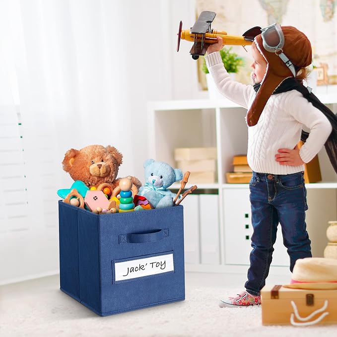 11 Inch Storage Cube,Storage bin (Set of 10) Foldable Fabric Cube Storage Bins with 10 Labels Window Cards & a Pen,Baskets Containers for Shelves,Closet Organizers Box,cube storage,Navy Blue