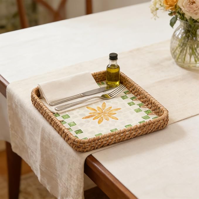 Square Rattan Decorative Tray with Mother of Pearl Inlay, 8.3" | Small 8.3 Inch Handwoven Wicker Tray with Mother of Pearl Base for Coffee Table Kitchen Bathroom Boho Farmhouse Decor Gift