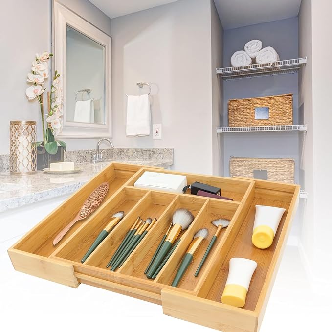 VaeFae Bamboo Drawer Organizer, Medium, Natural | Kitchen Utensil Holder, Multi-Function Drawer Storage,38 cm D x 29.2-45.7 cm W, 5-7 Slots, Natural