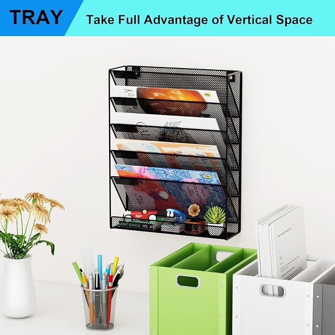 Wall File Organizer Holder Mesh Hanging Paper Document Holder,Vertical 6 Pocket Tier for Office Home, Black