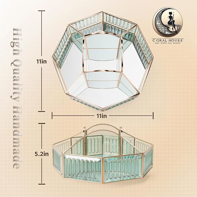 CoralHouse Rotating Glass Makeup Organizer for Vanity with Brush Holder | 5 clear compartments organize lipstick, perfume, palettes and skincare on a vanity, bathroom countertop or beauty station