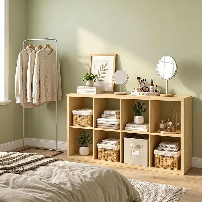 CTESNE【Wooden Thick Frame 8 Cube Storage Organizer Shelf with Anti-Tipping Kits + Reversible Open Back Bookcase, Horizontal and Vertical Dual-use Standing Bookshelf(Oak,13inch)