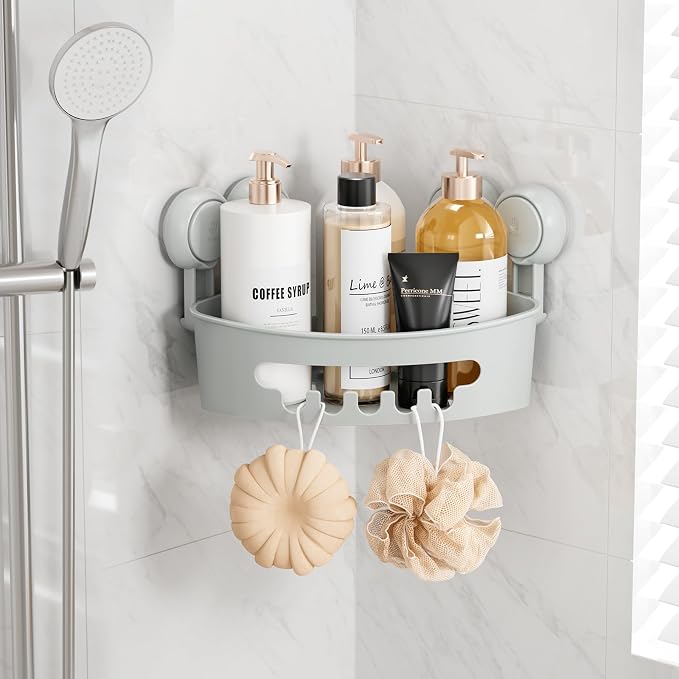 TAILI Corner Shower Caddy with Suction Cups, Wall Organizer Plastic Rack | Small Bathroom Caddy, Removable, Drill-Free, Heavy Duty Shower Shelf, Grey