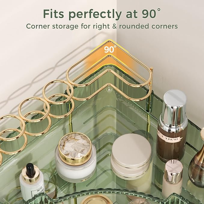 BEFSOP Corner Bathroom Counter Organizer, Upgraded 2-Tier Makeup Organizer Countertop with Makeup Brush Holder, Skincare Exquisite Vanity Organizers Countertop Bathroom Storage Dresser(Green)