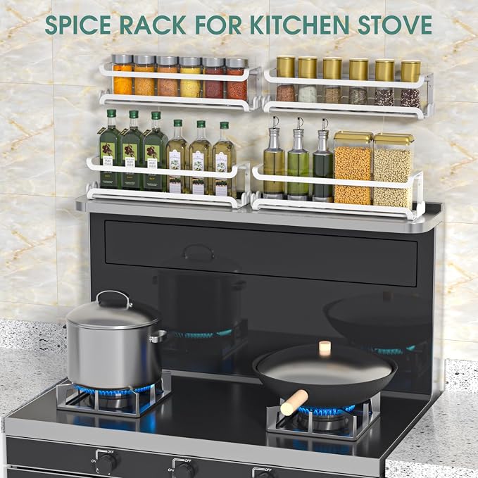 LUCYCAZ 4 Pack Wall Mounted Spice Rack for Kitchen Cabinet,RV,Camper,White | 16 Metal Hooks, Space-Saving,Screw or Adhesive Spice Shelf Hanging,for Pantry Door Spice Jars & Seasonings,11.41×2.75×2.36in
