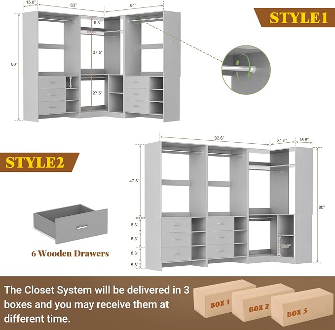 Aheaplus Closet System with 6 Drawers, 4 Hanging Rods & Corner Tower, Corner Closet System with Hanging,92.6" L-Shaped Walk-In Wardrobe Organizer, 2000+ lbs Capacity, Set of 3, Grey