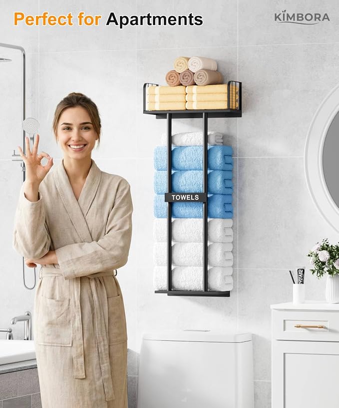 Towel Racks for Bathroom with Top Towel Shelf Hold 8 Large Rolled Towels, 36" Wall Mounted Bathroom Towel Storage Organizer for Small Bathroom, Camper, Rv (Black)