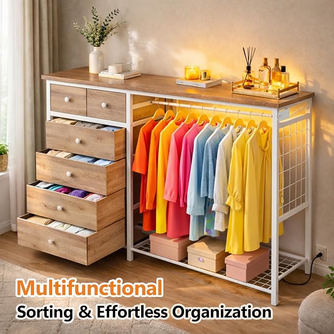 Simple Deluxe Storage Clothes Rack with 6 Drawers, Charging Station & LED Lights, Fabric Chest Shelves Clothing Rack, Wooden Portable Wardrobe Closet, 49.2" W x 15.7" D x 47.2" H, Brown