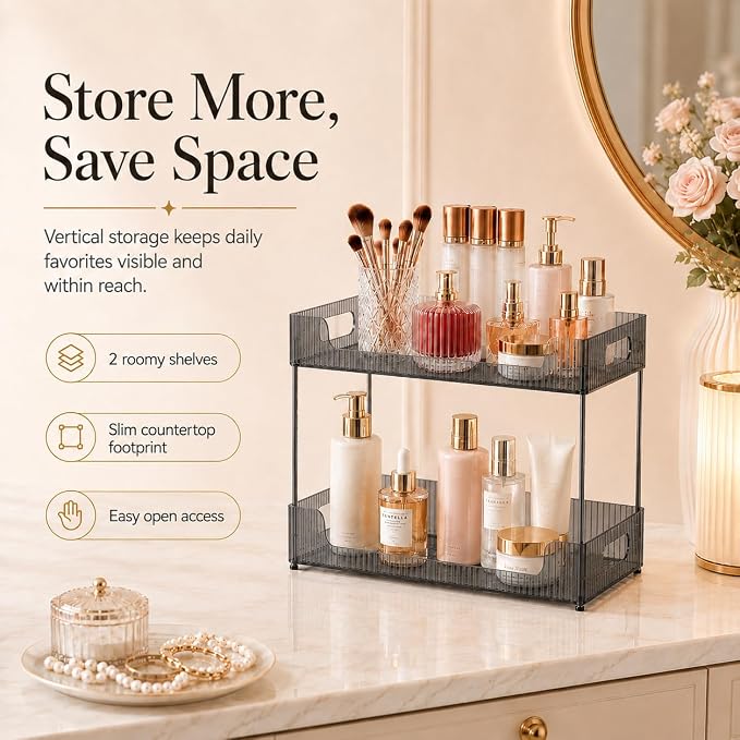Goderewild 2 Tier Bathroom Counter Organizer, Multi-Purpose Cosmetics Skincare Shelf, Makeup Organizer for Vanity Tray, Countertop Storage Solution for Kitchen and Bath. (Smoky Gray)