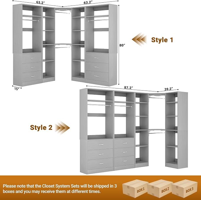Besiost Corner Closet System with 6 Drawers, Closet Organizer System with 14 Shelves & 4 Hanging Rods, 87.2"L * 39.2"W / 63.2"L * 63.2"W Reversible L Shaped Walk-in Closets, Load 2500+LBS, Grey