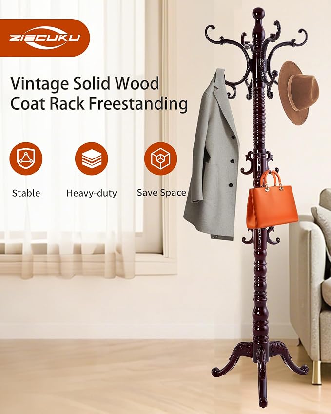 Wooden Coat Rack Freestanding, Solid Wood Coat Rack Stand with 14 Hooks, Vintage Heavy Duty Coat Racks,Standing Coat Jacket Hanger Tree Stand for Corner, Office, Entryway