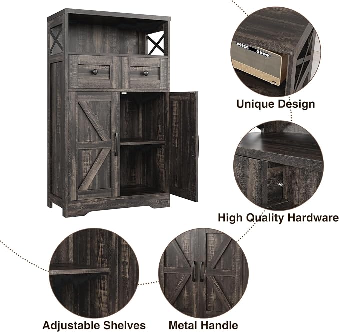 Farmhouse Accent Storage Cabinet with Drawers, Small Kitchen Pantry Cabinet | Coffee Bar Cabinet Cupboard, 2 Storage Drawers, 2 Barn Doors & Adjustable Shelves, for Kitchen/Entryway/Living Room/Bathroom