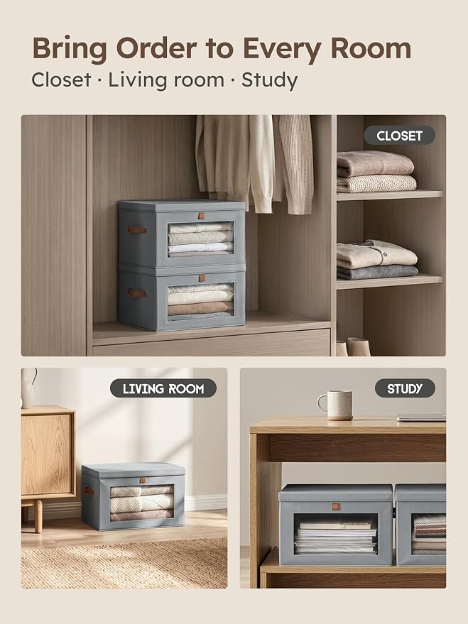 Homsorout Medium Fabric Storage bins - Collapsible Storage Bins with Open Window, 2 Pack Closet Baskets for Shelves, Stackable Decorative Boxes for Home, Dorm, Grey, 13.7"x 9.8" x 9.8"
