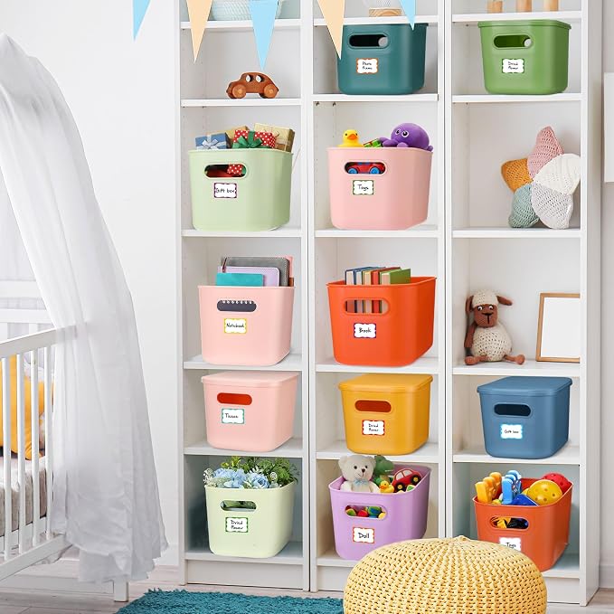 Thyle 12 Pack Pastel Colorful Plastic Storage Bins with Lids 7 Quart Toy Storage Box Stackable Nestable Organizer Boxes with Handle and Labels for Classroom Shelf Bedroom Desktop Toys School Supplies