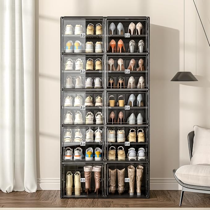 Shoe Rack Organizer Cabinet for Closet Entryway,Clear Shoe Storage Boxes Stackable Sneaker Storage with Door Easy Assembly Black Shoe Cabinet with Lids Large 9 Tiers 36 Pairs