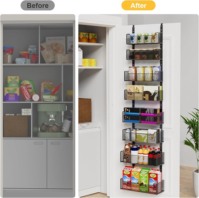 VyGrow Over the Door Organizer, 8-Tier Pantry Organizer with Fully Enclosed Mesh Baskets, Heavy-Duty Metal Hanging Spice Rack for Kitchen Bathroom Laundry Room, 2-in-1 Wall Mount or Door Mount, Black